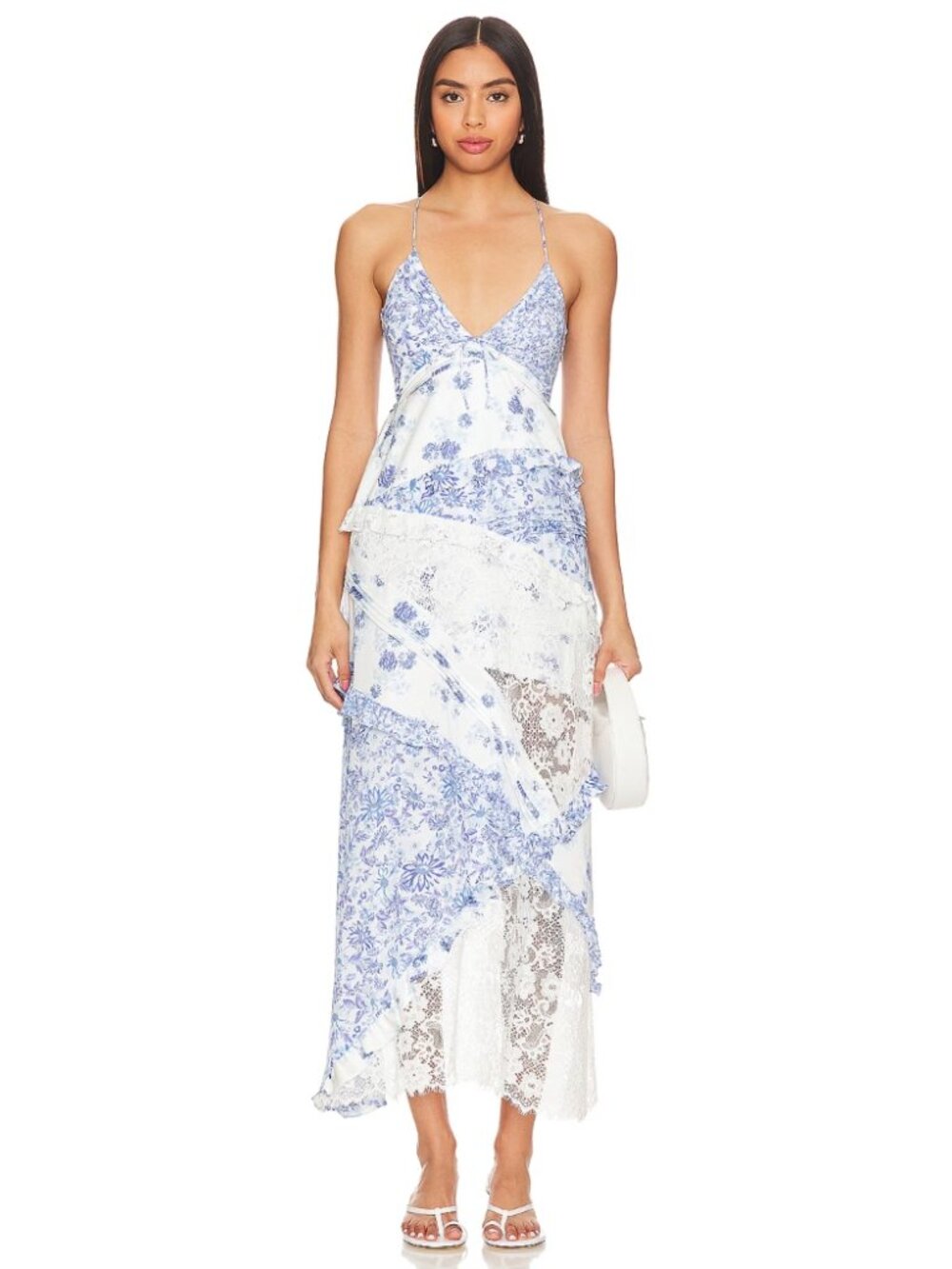 For Love & Lemons Rosalyn Maxi Dress Blue Floral Lace Inset Coquette Size XXS